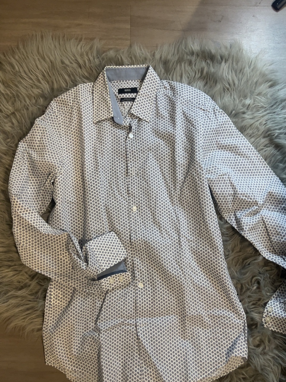Hugo Boss White Dress Shirt with Navy Geometric Print